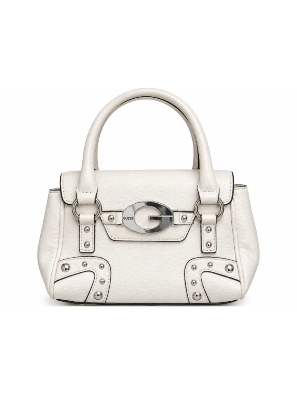 GUESS Cream Leather Satchel with Silver Hardware